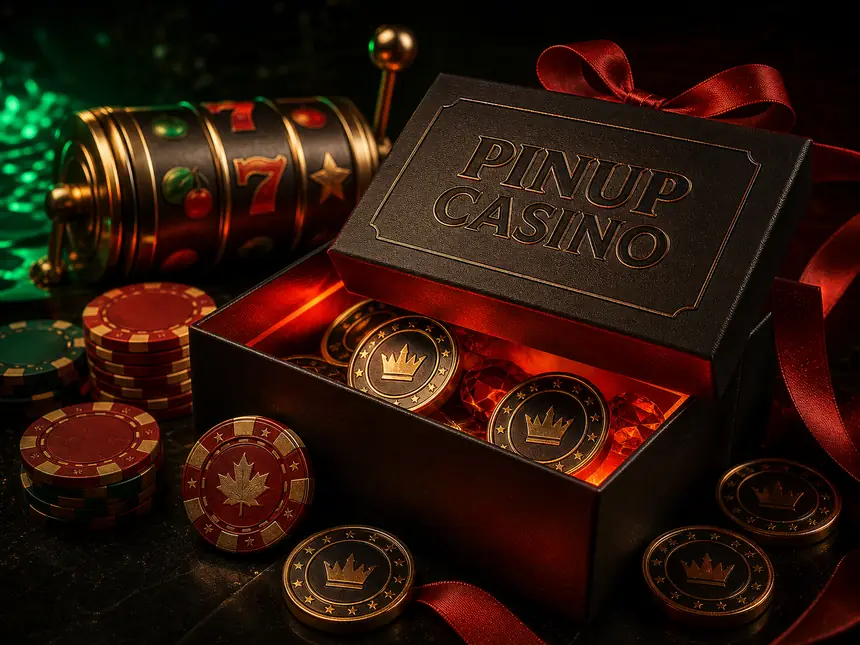 PINUP Casino bonus gift box chips and loyalty token concept