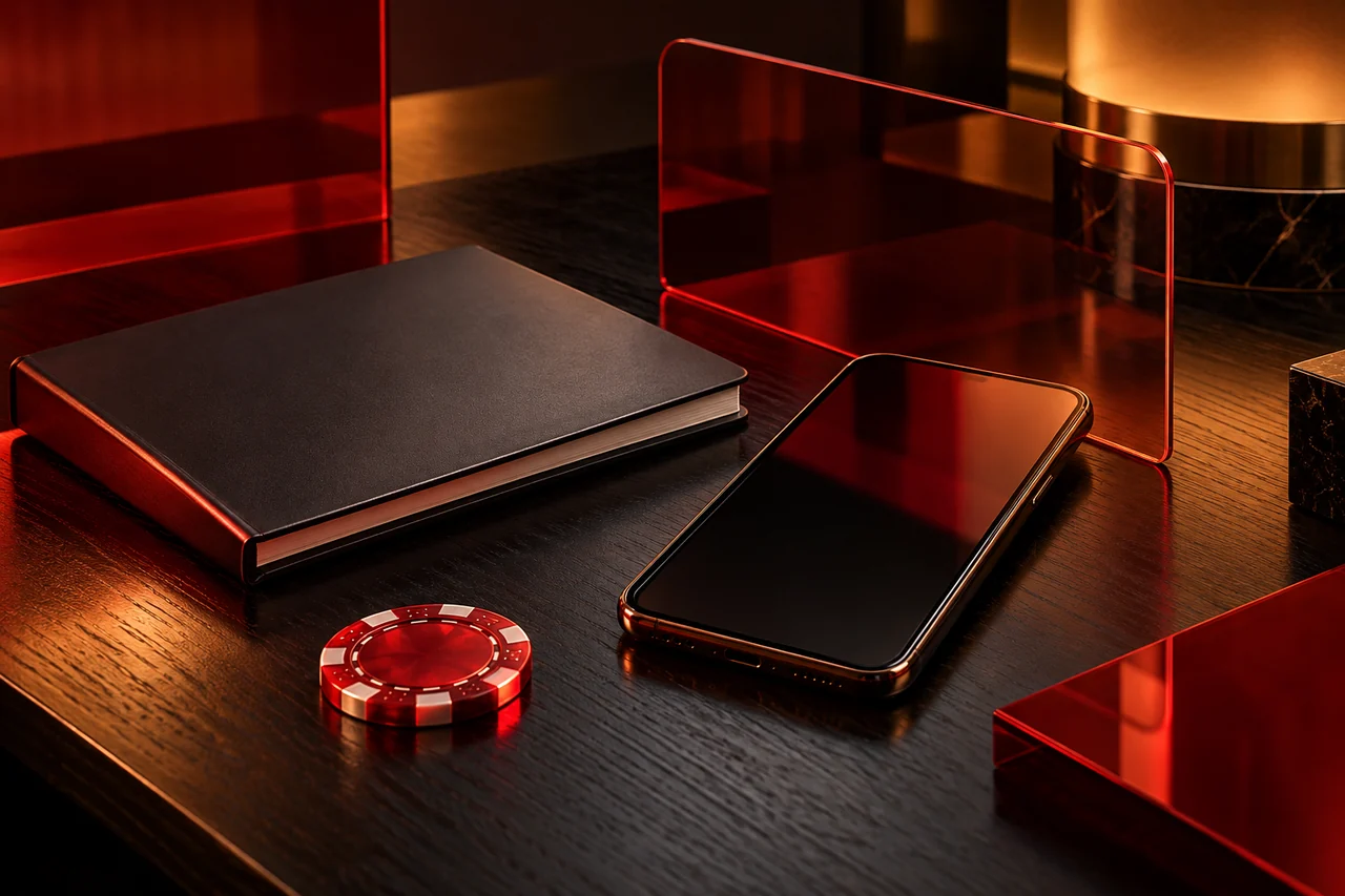 Smartphone, information booklet and casino chip on a dark desk