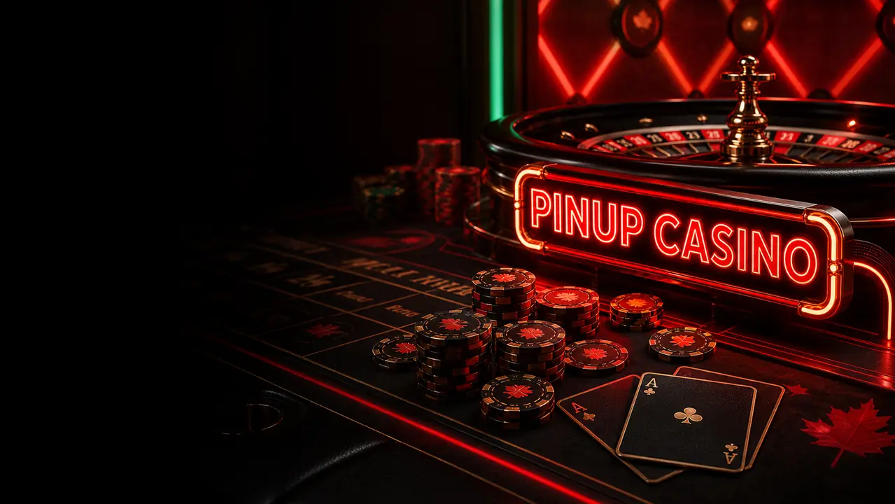 PINUP Casino guide hero with chips cards and roulette in red orange neon