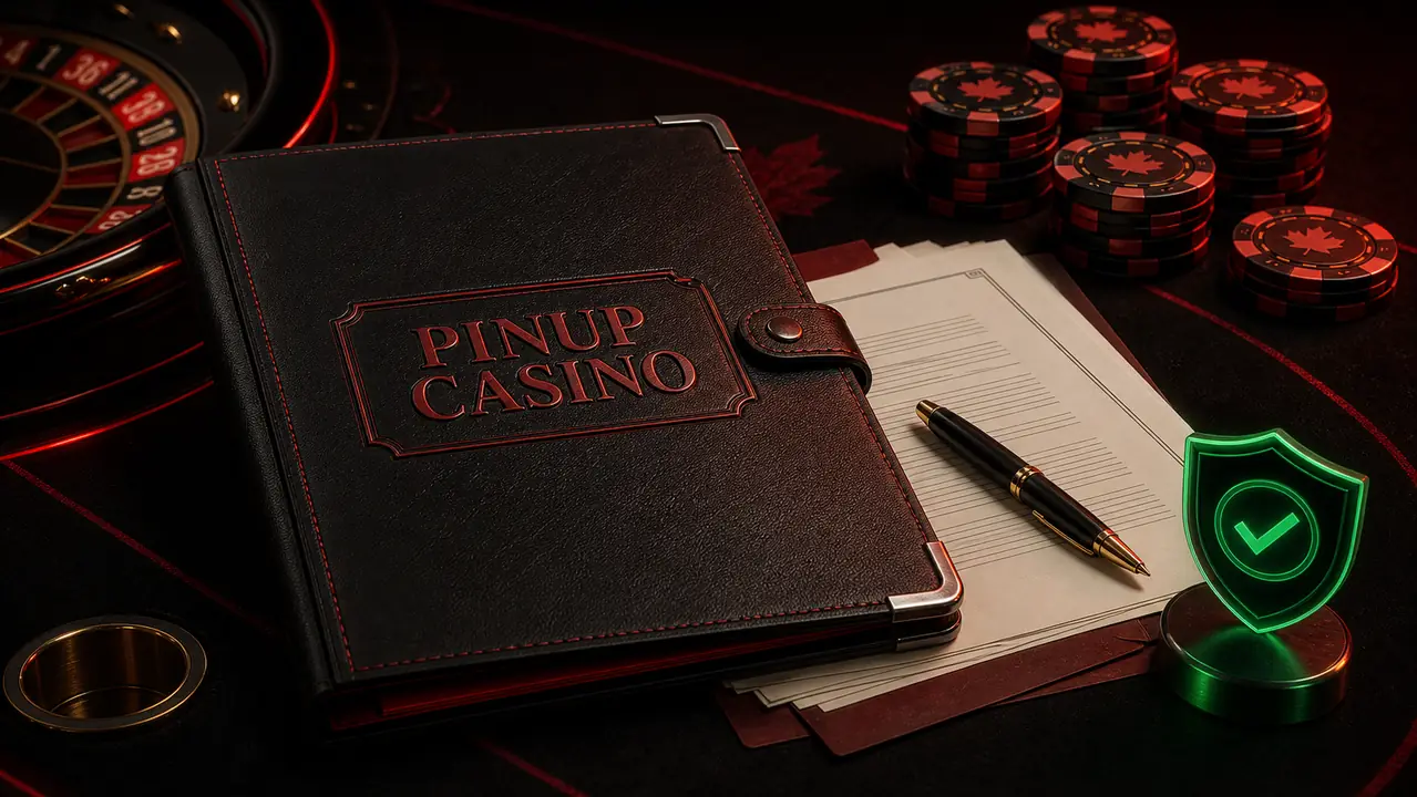 PINUP Casino terms folder and legal documents on casino table